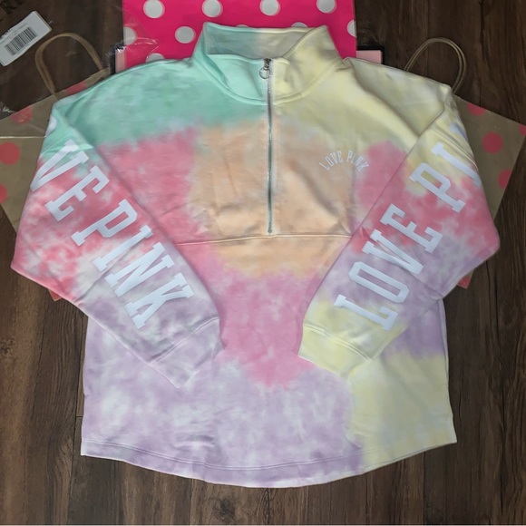 NEW VS PINK Pastel Tie Dye Quarter Zip Logo Varsity Sweatshirt. - Picture 9 of 11